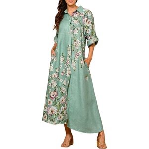 image:imagechouyatou Womens Lapel Button Down Maxi Shirt Dress Floral Printed 34 Sleeve Tunic Long Dress with PocketsGreen