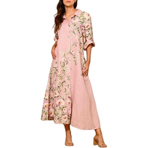 image:imagechouyatou Womens Lapel Button Down Maxi Shirt Dress Floral Printed 34 Sleeve Tunic Long Dress with PocketsPink