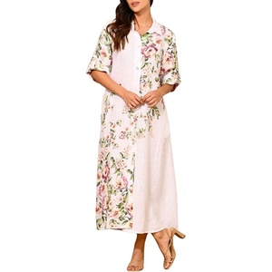 image:imagechouyatou Womens Lapel Button Down Maxi Shirt Dress Floral Printed 34 Sleeve Tunic Long Dress with PocketsWhite