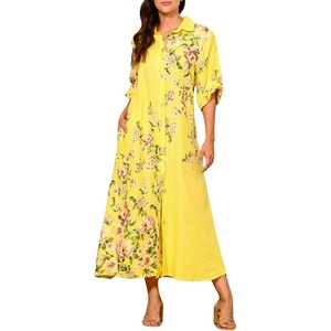 image:imagechouyatou Womens Lapel Button Down Maxi Shirt Dress Floral Printed 34 Sleeve Tunic Long Dress with PocketsYellow
