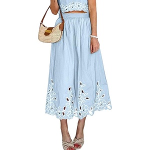 image:imagechouyatou Womens Retro Floral Embroidery ALine Skirt Back Elastic Waist Pleated Midi Long Skirt with PocketsLight Blue