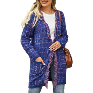 image:imagechouyatou Womens Trendy Fall Tweed Fringe Knit Oversized Cardigan Plaid Open Front Sweater JacketBlue