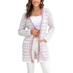 image:imagechouyatou Womens Trendy Fall Tweed Fringe Knit Oversized Cardigan Plaid Open Front Sweater JacketPink