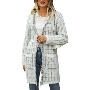 image:imagechouyatou Womens Trendy Fall Tweed Fringe Knit Oversized Cardigan Plaid Open Front Sweater JacketWhite