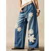 image:imagechouyatou Womens Boho Lace Floral Patch Jeans Baggy Wide Leg Denim PantsBlue