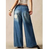 image:imagechouyatou Womens Boho Lace Floral Patch Jeans Baggy Wide Leg Denim PantsBlue