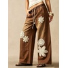 image:imagechouyatou Womens Boho Lace Floral Patch Jeans Baggy Wide Leg Denim PantsBrown