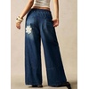 image:imagechouyatou Womens Boho Lace Floral Patch Jeans Baggy Wide Leg Denim PantsDark Blue