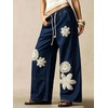 image:imagechouyatou Womens Boho Lace Floral Patch Jeans Baggy Wide Leg Denim PantsDark Blue