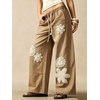 image:imagechouyatou Womens Boho Lace Floral Patch Jeans Baggy Wide Leg Denim PantsKhaki