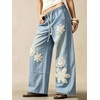 image:imagechouyatou Womens Boho Lace Floral Patch Jeans Baggy Wide Leg Denim PantsLight Blue