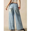 image:imagechouyatou Womens Boho Lace Floral Patch Jeans Baggy Wide Leg Denim PantsLight Blue
