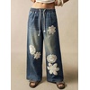 image:imagechouyatou Womens Boho Lace Floral Patch Jeans Baggy Wide Leg Denim PantsVintage Blue