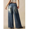 image:imagechouyatou Womens Boho Lace Floral Patch Jeans Baggy Wide Leg Denim PantsVintage Blue