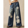 image:imagechouyatou Womens Boho Lace Floral Patch Jeans Baggy Wide Leg Denim PantsVintage Blue