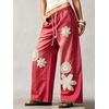 image:imagechouyatou Womens Boho Lace Floral Patch Jeans Baggy Wide Leg Denim PantsWatermelon Red