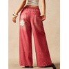 image:imagechouyatou Womens Boho Lace Floral Patch Jeans Baggy Wide Leg Denim PantsWatermelon Red
