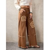 image:imagechouyatou Womens Distressed Floral Jeans Fringe Flare Wide Leg Denim PantsBrown