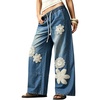 image:imagechouyatou Womens Boho Lace Floral Patch Jeans Baggy Wide Leg Denim PantsBlue