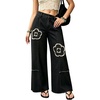 image:imagechouyatou Womens Distressed Floral Jeans Fringe Flare Wide Leg Denim PantsBlack
