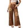 image:imagechouyatou Womens Distressed Floral Jeans Fringe Flare Wide Leg Denim PantsBrown