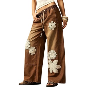 image:imagechouyatou Womens Boho Lace Floral Patch Jeans Baggy Wide Leg Denim PantsBrown