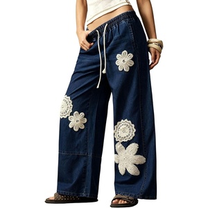 image:imagechouyatou Womens Boho Lace Floral Patch Jeans Baggy Wide Leg Denim PantsDark Blue
