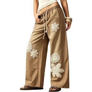 image:imagechouyatou Womens Boho Lace Floral Patch Jeans Baggy Wide Leg Denim PantsKhaki