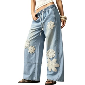 image:imagechouyatou Womens Boho Lace Floral Patch Jeans Baggy Wide Leg Denim PantsLight Blue