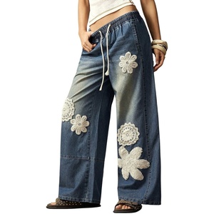 image:imagechouyatou Womens Boho Lace Floral Patch Jeans Baggy Wide Leg Denim PantsVintage Blue