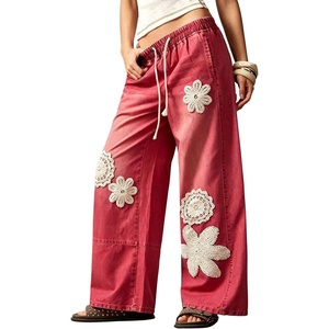 image:imagechouyatou Womens Boho Lace Floral Patch Jeans Baggy Wide Leg Denim PantsWatermelon Red