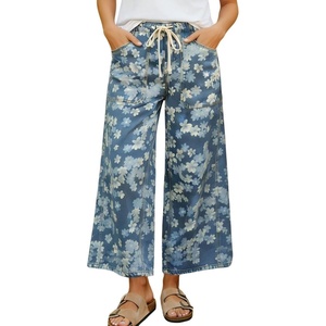 image:imagechouyatou Womens Boho Y2K Floral Denim Pants Drawstring Wide Leg Denim Ankle Pant Boyfriend JeansBlue