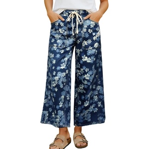image:imagechouyatou Womens Boho Y2K Floral Denim Pants Drawstring Wide Leg Denim Ankle Pant Boyfriend JeansDark Blue