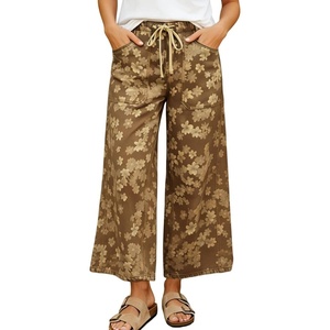 image:imagechouyatou Womens Boho Y2K Floral Denim Pants Drawstring Wide Leg Denim Ankle Pant Boyfriend JeansKhaki
