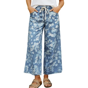 image:imagechouyatou Womens Boho Y2K Floral Denim Pants Drawstring Wide Leg Denim Ankle Pant Boyfriend JeansLight Blue