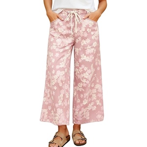 image:imagechouyatou Womens Boho Y2K Floral Denim Pants Drawstring Wide Leg Denim Ankle Pant Boyfriend JeansPink