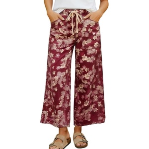 image:imagechouyatou Womens Boho Y2K Floral Denim Pants Drawstring Wide Leg Denim Ankle Pant Boyfriend JeansRed