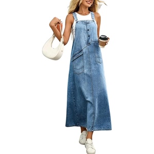 image:imagechouyatou Womens Denim Bib Overall Dress Suspender Strap Jean Long DressBlue