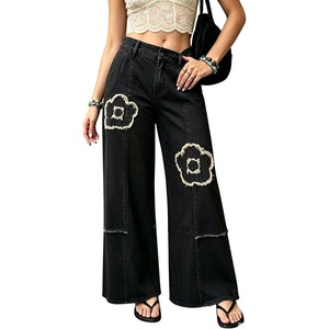 image:imagechouyatou Womens Distressed Floral Jeans Fringe Flare Wide Leg Denim PantsBlack