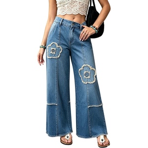 image:imagechouyatou Womens Distressed Floral Jeans Fringe Flare Wide Leg Denim PantsBlue