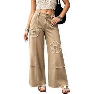 image:imagechouyatou Womens Distressed Floral Jeans Fringe Flare Wide Leg Denim PantsKhaki