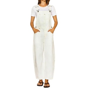 image:imagechouyatou Womens Suspender Strap Denim Bib Overalls Street Baggy JumpsuitBeige White