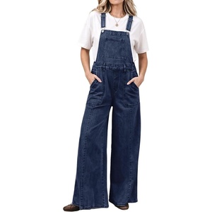 image:imagechouyatou Womens Wide Leg Denim Bib Overalls Y2K Patchwork Jeans JumpsuitDark Blue