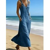 image:imagechouyatou Womens Adjustable Straps Denim Overall Dress Jean Pinafore Jumper Mid Long Dress With PocketsBlue
