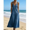 image:imagechouyatou Womens Adjustable Straps Denim Overall Dress Jean Pinafore Jumper Mid Long Dress With PocketsBlue