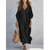 image:imagechouyatou Womens Boho Striped Loose Shift Maxi Dress Short Sleeve Beach Cover Up Caftan Long Dress with Side SlitBlack