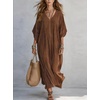 image:imagechouyatou Womens Boho Striped Loose Shift Maxi Dress Short Sleeve Beach Cover Up Caftan Long Dress with Side SlitCoffee