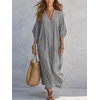 image:imagechouyatou Womens Boho Striped Loose Shift Maxi Dress Short Sleeve Beach Cover Up Caftan Long Dress with Side SlitGray
