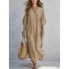image:imagechouyatou Womens Boho Striped Loose Shift Maxi Dress Short Sleeve Beach Cover Up Caftan Long Dress with Side SlitKhaki