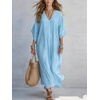 image:imagechouyatou Womens Boho Striped Loose Shift Maxi Dress Short Sleeve Beach Cover Up Caftan Long Dress with Side SlitLight Blue